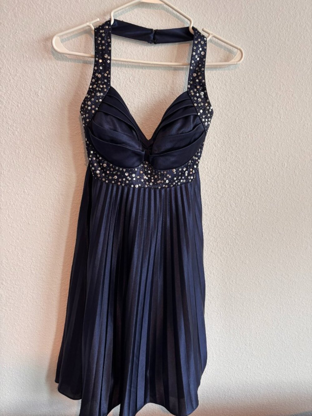 Blondie Nites Navy Rhinestone Pleated Mini Dress